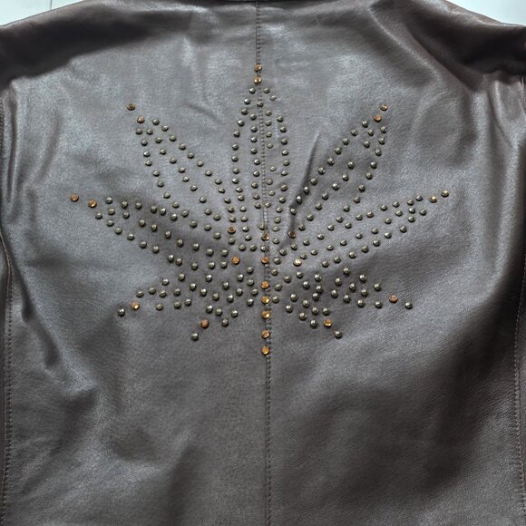 Danier Leather Jacket Women L Brown Studded Leaf Pockets Lined Boho Glitter Punk - Picture 15 of 16